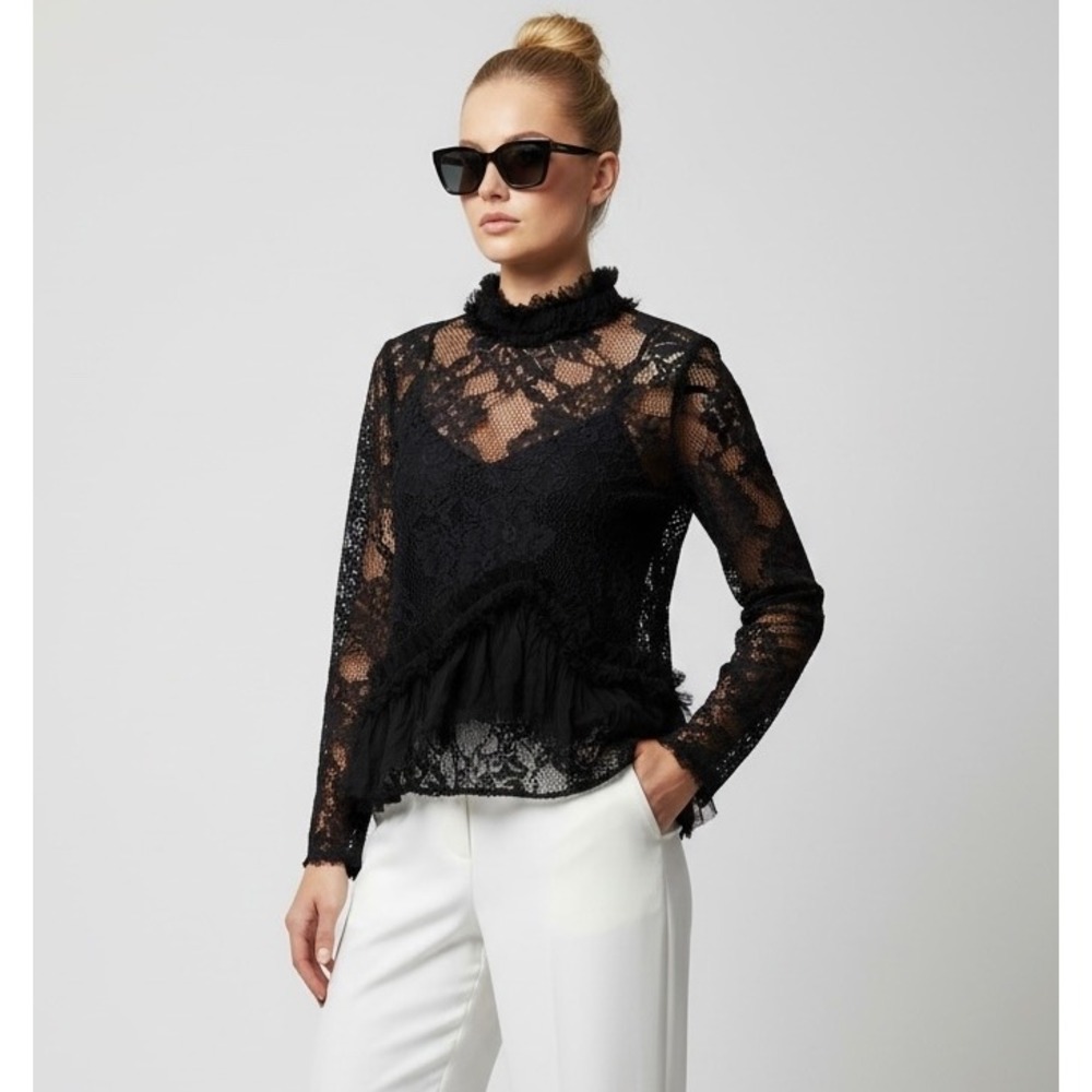 ALEXIS Black Lace Ruffle High Neck Blouse Size Medium Sheer Peplum Top Camisole